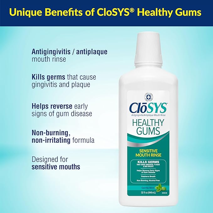 Closys Healthy Gums Mouthwash, Antiplaque and Anti-gingivitis for Gum Health, Non-Burning, Non-Irritating – 32 Fl Oz