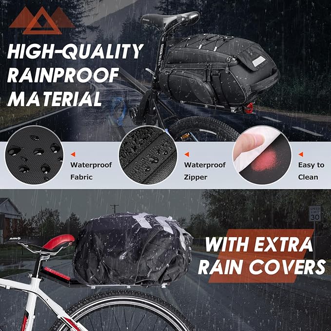 RAINSMORE Bike Bags for Bicycle Rear Rack 15L Waterproof Bike Ebike Trunk Pannier Saddle Bag with Rain Cover Bike Accessories Backpack Shoulder Bag for Commuter Travel Outdoor, Black-StrideForce Fitness