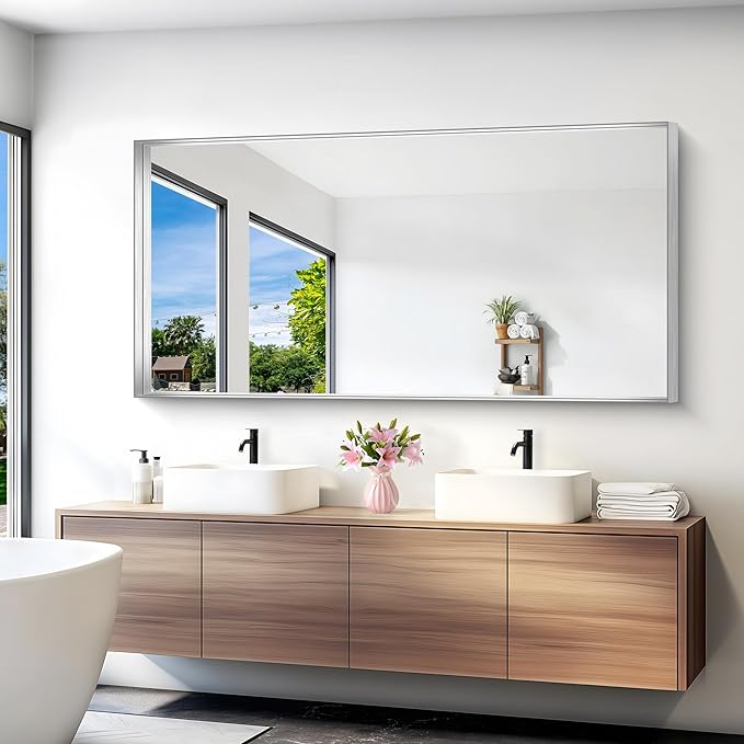 Silver Bathroom Mirror, 72x36 Inch Rectangular Framed Mirror, Large Wall Mounted Bathroom Vanity Mirror Over Sink for Bedroom,Restroom, Living Room, Hangs Vertically or Horizontally-StrideForce Fitness