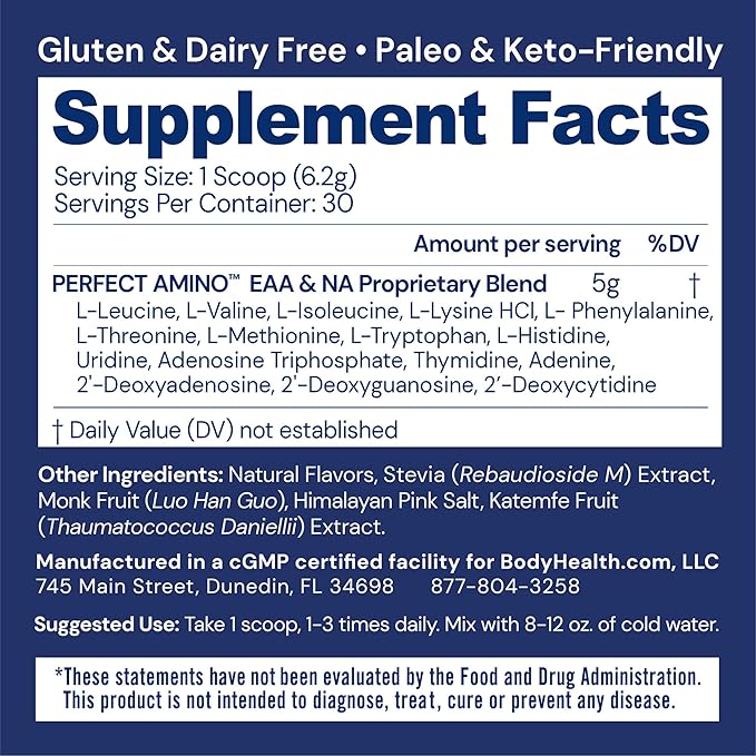 BodyHealth PerfectAmino Powder - BCAA and EAA Powder for Pre and Post Workout - Amino Acid Energy Drink for Men and Women to Support Lean Muscle and Recovery - Vanilla - 30 Servings-StrideForce Fitness