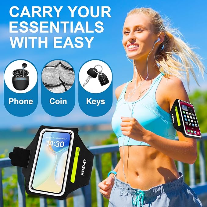 Running Armband with Earphone Bag Cell Phone Armband for iPhone 16 15 Pro 14 Plus 13 11 XR XS, Galaxy S24/S10 Water Resistant Sports Phone Holder Case & Zipper Slot Car Key Holder for 6.9 inch Phone-StrideForce Fitness