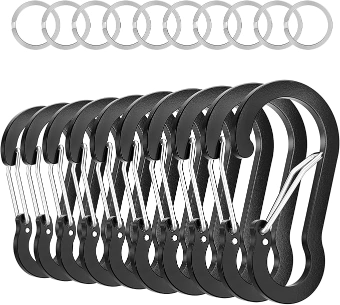 sprookber 3.2 Inch Aluminum Carabiner Clips D Ring, Caribeaner Spring Snap Hook with Keychain for Camping, Hiking, Gym & Outdoor Gear, Set of 10-StrideForce Fitness