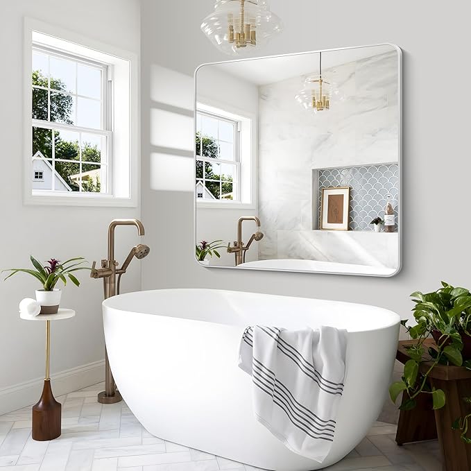 Silver Bathroom Mirror,48x48 inch Wall Mirror for Bathroom Wall Mounted,Rectangle Mirror for Bathroom Over Sink,Modern Frame Round Corner for Living Room,Bedroom Entryway,Horizontal/Vertical-StrideForce Fitness