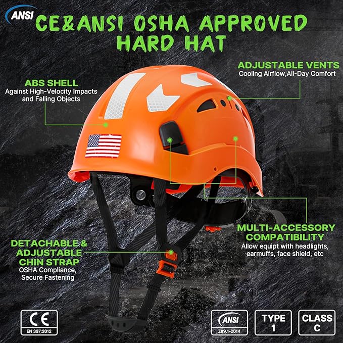 AOLAMEGS Construction Safety Hard Hat - ANSI Z89.1 Type Ι OSHA Approved Safety Helmets with Chin Straps Lightweight Reflective Vented ABS Hard Hats For Men Women Industrial Workwear 6-point Suspension-StrideForce Fitness