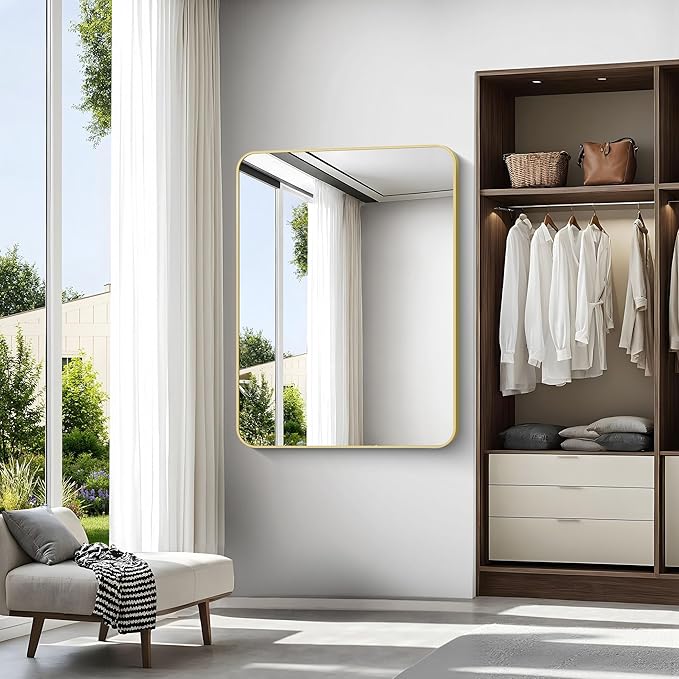 Gold Bathroom Mirror,36x48 inch Wall Mirror for Bathroom Wall Mounted,Round Rectangle Mirror for Bathroom Over Sink,Modern Frame for Home Decor Living Room,Bedroom Entryway,Horizontal/Vertical-StrideForce Fitness