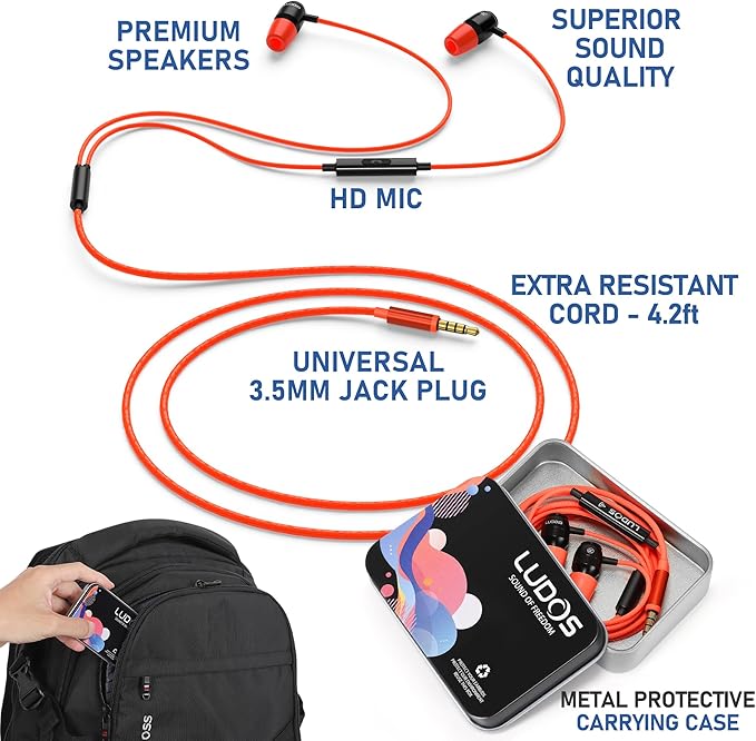 LUDOS Clamor Wired Earbuds in-Ear Headphones, 5 Years Warranty, Earphones with Microphone, Noise Isolating Ear Buds, Memory Foam for iPhone, Samsung, School Students, Kids, Women, Small Ears - Coral-StrideForce Fitness