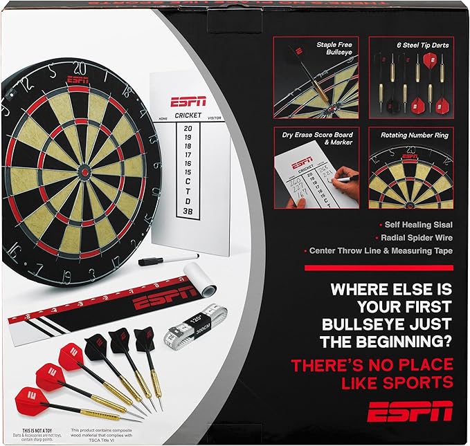 ESPN Dart Board Includes 6 Steel Tip Darts, Bristle Dartboard with Radial Spider Wire and Staple Free Bullseye, Ideal Party Games for Adults-StrideForce Fitness