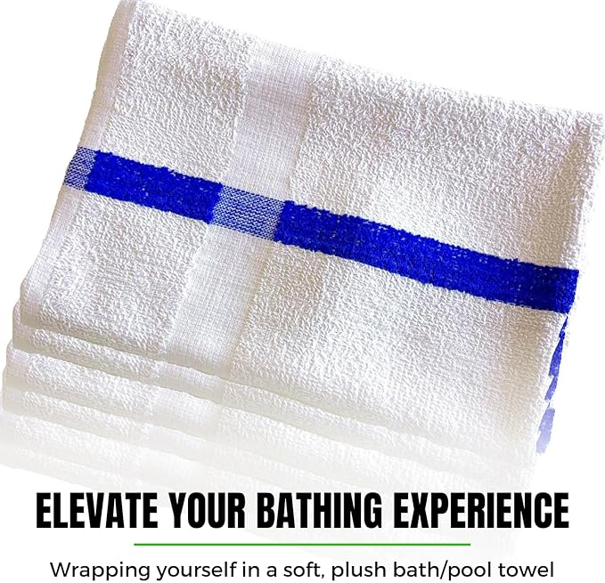 Towels N More 24x48 Soft Poolside Towels - 48 Large Super Absorbent Pool Towel White and Blue Center Stripe - Ideal for Home, Pool, Spa, Gym, Hotel, Motel Rental Room Use - 100% Cotton Bath Towels-StrideForce Fitness