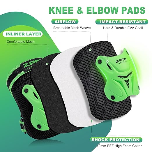 2PM SPORTS Knee Pads for Kids, Wrist Guards Knee and Elbow Pads Set with Drawstring Bag, Protective Gear Set for Girls Boys Roller Skating Cycling Skateboard - Green Medium-StrideForce Fitness