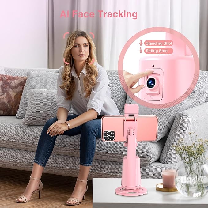 Auto Face Tracking Tripod 360° Rotating Cell Phone Photo and Video Kits Stand, No App, Phone Camera Stand with Remote and Gesture Control for Live Recording Tiktok Pink1-StrideForce Fitness