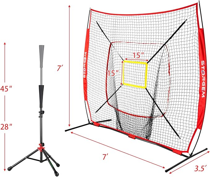 Storgem Baseball and Softball Practice Net 7×7ft Portable Hitting Pitching Batting Training Net Baseball Backstop Net with Batting Tee and Strike Zone and Bow Frame-StrideForce Fitness
