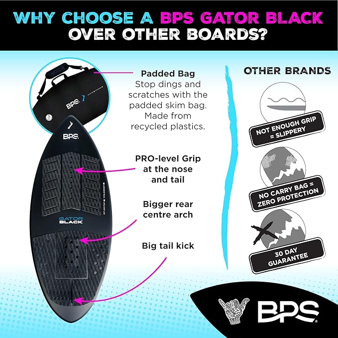 BPS New Zealand ‘Gator Black’ Fiberglass Skimboard with Padded Carry Bag Made from Recycled Plastics Performance Skimboard with Custom Traction Pads for Kids Adults Choose from 3 Sizes-StrideForce Fitness