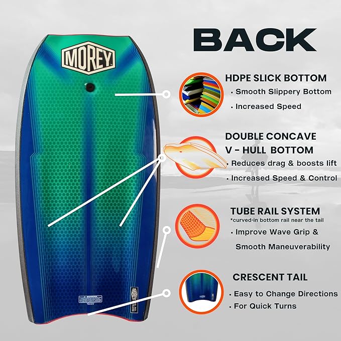 MOREY® Mach 12 MDS, 42.5" Bodyboard. Dynamic Speed Body Boards for Beach, for All Skill Levels, Embedded Fiberglass Stringer, with Coil Leash. Re-Engineered 2025 Model-StrideForce Fitness