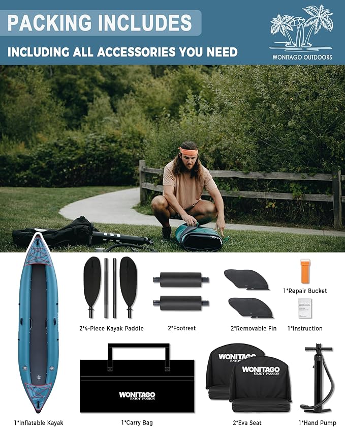 PVC Inflatable Kayak with Drop Stitch Floor, Recreational Touring Kayak with Kayak Paddle, Hand Pump and Carrying Bag, 1-2 Person-StrideForce Fitness