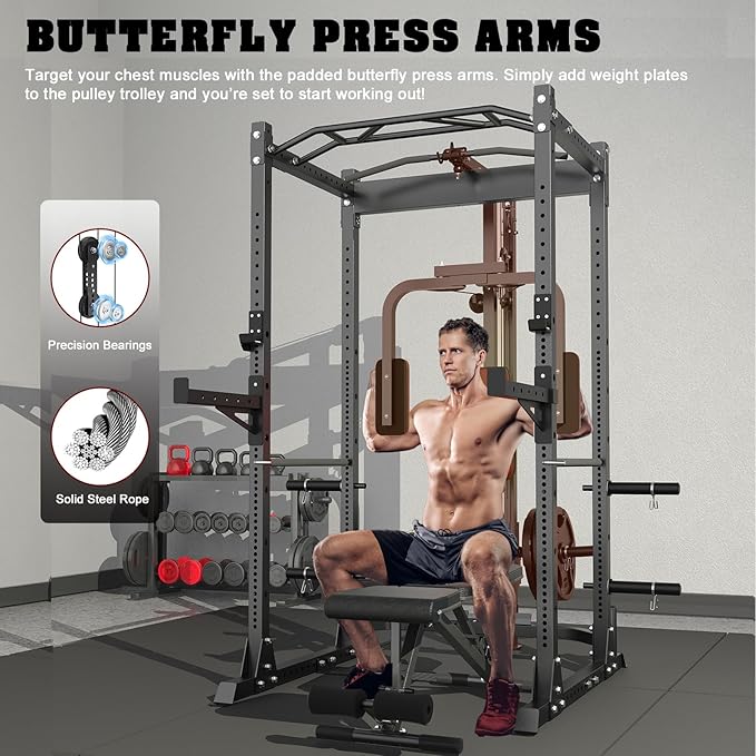 BEKING Power Cage, 2000LBS Power Squat Rack with LAT Pulldown, 2.36" ×2.36" Multi-Functional Squat Cage with Pulley System and More Training Attachments for Home Gym-StrideForce Fitness