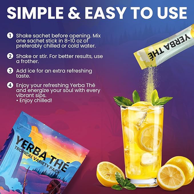 Yerba Mate Tea Powder 5 Mixed Tropical Fruit Flavors Clean Energy Drink Superfood - Support Gut Health, Probiotics and Prebiotics, Reduce Brain Fog, Relaxation & Focus Blend 30 sachets-StrideForce Fitness