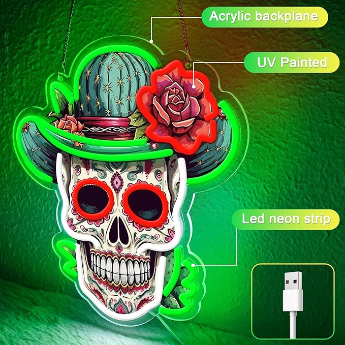 Day of the Dead Neon Sign - Mexican Sugar Skull LED Neon Light for Home & Bar Decor,UV Printed Art with Flexible LED Strip,Halloween & Día de Muertos Party Decoration（green)-StrideForce Fitness