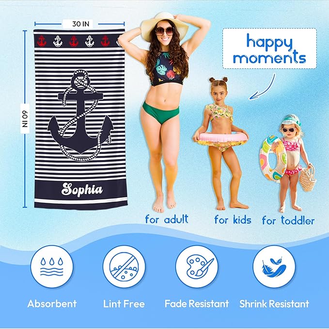 JML Personalized Beach Towel with Name, Custom Anchor Beach Towel, Customized Microfiber Pool Towel, Quick Dry & Absorbent Swim Towel for Adult,Anniversary, Birthday, Summer Holiday,Vacation-StrideForce Fitness
