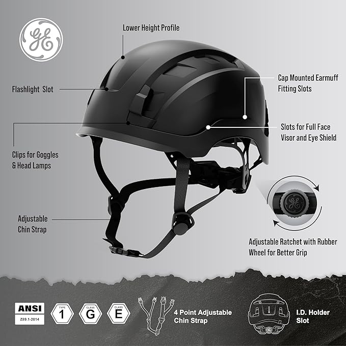 GE Safety Helmet, Impact Absorbing Tech, Adjustable Ratchet, ANSI Type 1, Memory Foam Padding, Hard Hats Protection, Lightweight, Durable, Chin Strap, Comfortable Fit OSHA Approved-StrideForce Fitness