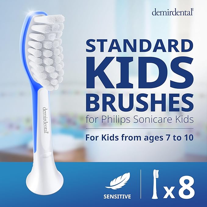 demirdental Kids Toothbrush Heads Compatible with Philips Sonicare Kids Toothbrush Heads - Replacement Heads Sensitive - Brush Heads from Ages 7 to 10 - Dark Blue - Replaces HX6048-8 Pack