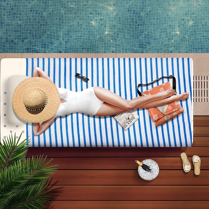 JML Microfiber Beach Towels, Large Bath Towel Set (6 Pack, 27" x 55") - Cabana Stripe - Quick Dry Microfiber Towels for Pool, Bath, Sport, Yoga, Camping, Swimming, Blue-StrideForce Fitness