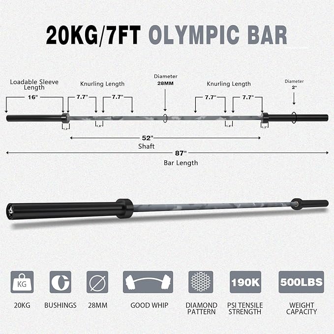 7ft Olympic Barbell for Strength Training and Olympic Weightlifting, 500 700 1000LBS Capacity Available, 2 Inch Bar for Squats, Home Gym Fitness Equipment, Bench Press, Deadlift,Powerlifting-StrideForce Fitness
