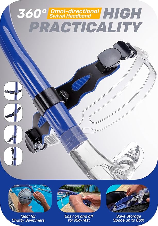 CAPAS Training Swim Snorkel for Lap Swimming, Swivel Headband Ultimate Fit Center-Mount Swimmers Snorkel with Liquid Silicone Mouthpiece Adjustable Strap, Designed for Adult Men Women-StrideForce Fitness