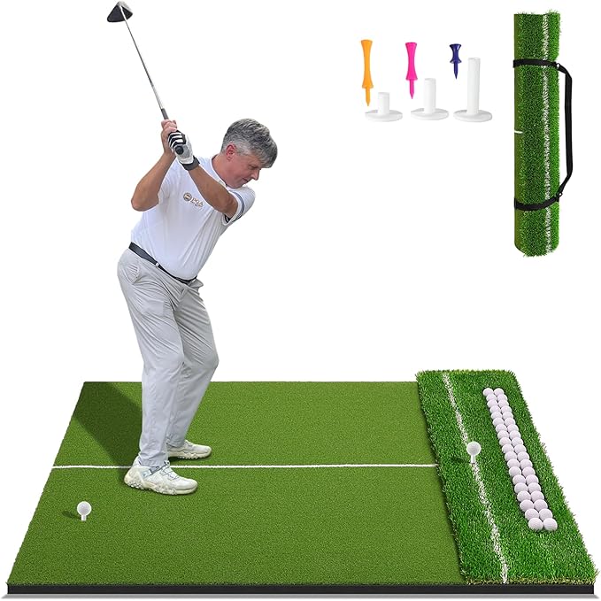 Dual-Turf 45/50MM Golf Hitting Mat, Built-in Ball Tray, Alignment Aid, Golf Mat Practice Outdoor & Indoor, Driving Chipping Putting in Backyard Garage Basement, Gift for Men Dad Golfer-StrideForce Fitness