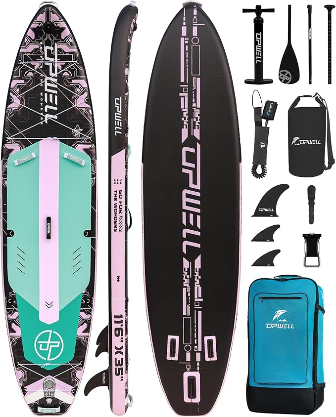 UPWELL 11'6"×35" Extra Wide Inflatable Paddle Board, Stand Up Paddle Board for Youth & Adults, Stable Design, Premium SUP Accessories, 120L Backpack, 10L Dry Bag, Paddle, Leash, Hand Pump, US Fins-StrideForce Fitness