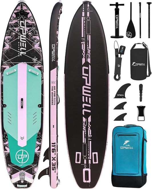 UPWELL 11'6"×35" Extra Wide Inflatable Paddle Board, Stand Up Paddle Board for Youth & Adults, Stable Design, Premium SUP Accessories, 120L Backpack, 10L Dry Bag, Paddle, Leash, Hand Pump, US Fins-StrideForce Fitness