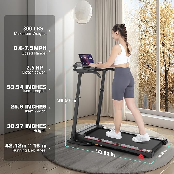 Treadmill with Desk Workstation & Adjustable Height, 300 LBS Weight Capacity, Folding Treadmill with 3 Level Incline, Bluetooth Speaker & App, Portable 2.5HP Walking Pad with Desktop for Home Office-StrideForce Fitness
