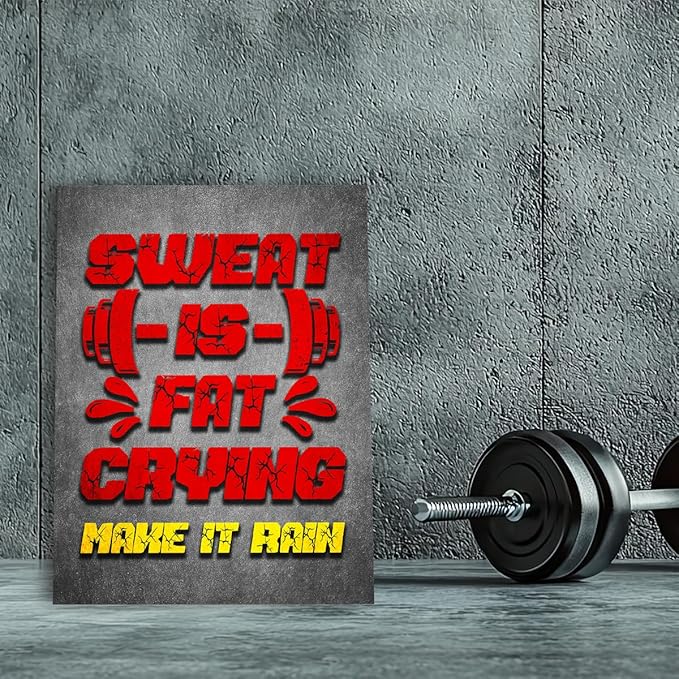 Gym Quotes Wall Art,Inspirational Workout Wall Decor,Sweat is Fat Crying Canvas Wall Art for Home Gym Exercise Fitness Room-StrideForce Fitness