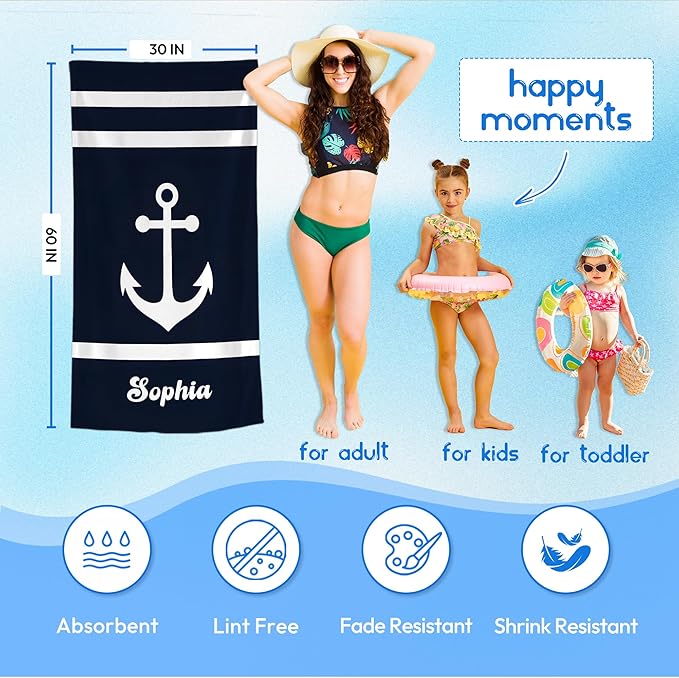 JML Personalized Beach Towel with Name, Custom Anchor Beach Towel, Customized Microfiber Pool Towel, Quick Dry & Absorbent Swim Towel for Adult,Anniversary, Birthday, Summer Holiday,Vacation-StrideForce Fitness