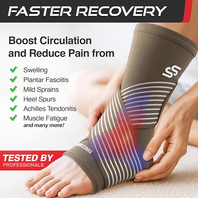 Sleeve Stars Ankle Brace for Women & Men, Ankle Wrap for Sprain, Compression Sleeve for Plantar Fasciitis Relief, Easy Customizable Support: w/ Removable Strap (Single/M:10"-12"/Mocha Brown)