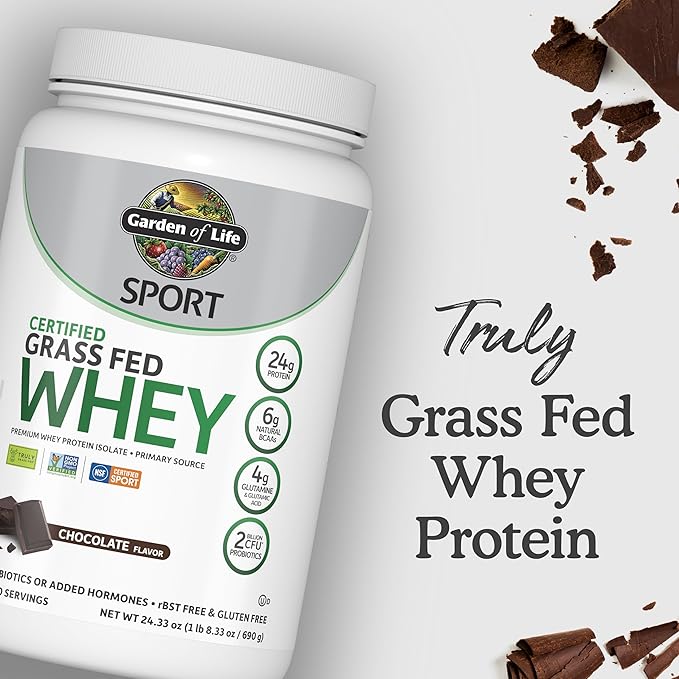 Garden of Life Sport Whey Protein Powder Chocolate, Premium Grass Fed Whey Protein Isolate Plus Probiotics for Immune System Health, 24g Protein, Non GMO, Gluten Free, Cold Processed - 20 Servings-StrideForce Fitness
