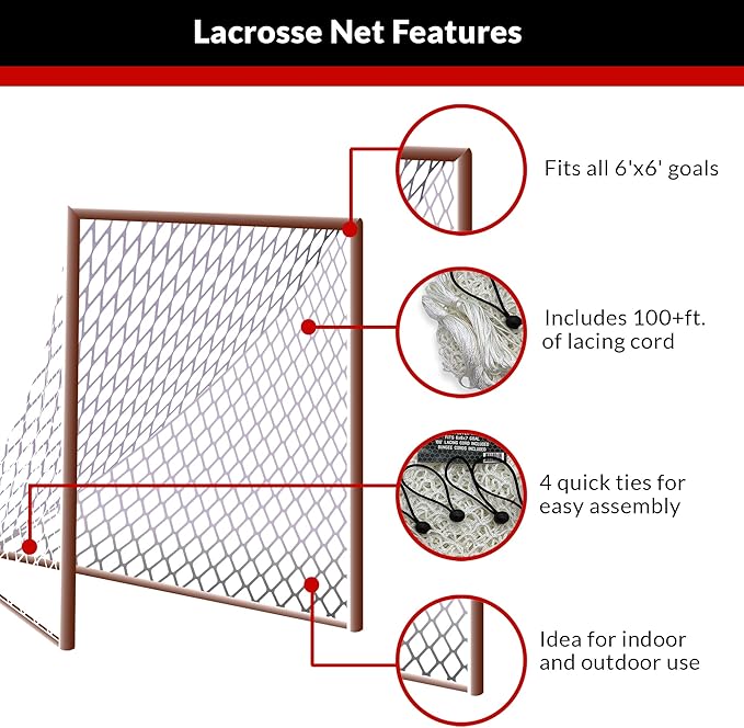 Velocity Heavy Duty Black & White Lacrosse Net - Fits 6’x6’x7’ Goals - Weatherproof, UV Resistant 1000D High-Strength Polyester - Comes with 100+ Feet of Lacing Cord and 4 Quick Ties-StrideForce Fitness