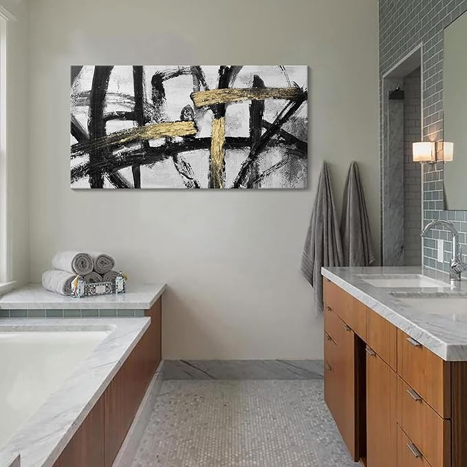 Large Black and White Wall Art, Modern Paintings Gold Abstract Graffiti Canvas Artwork Wall Pictures for Living Room Bedroom Dining Room Home Office Decor 24x48 In-StrideForce Fitness