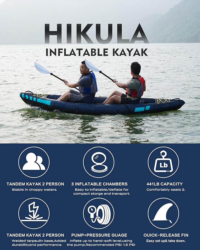 Inflatable Kayak 2 Person, Tandem Kayak, Foldable Kayaks for Adults, with Kayak Fin, 2 Aluminum Paddles, 2 Padded Seats, Hand Pump and Travel Backpack-StrideForce Fitness