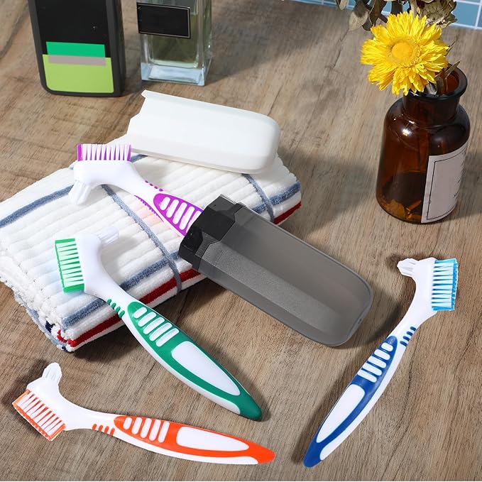 Denture Brush, 4 Pcs Dual Angled Denture Toothbrushes with Black Carrying Case, Portable False Teeth Care Cleaning Brush with Multi-Layered Soft Bristles (Purple, Green, Blue, Orange)