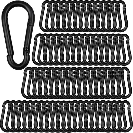 100Pcs 2.36" Spring Snap Hook Carabiners, M6 Galvanized Steel Black Small Carabiner Clip, Keychain Clip, Quick Link Key Chain for Hammock Swing Set Outdoor Travel, Camping, Fishing, Hiking-StrideForce Fitness