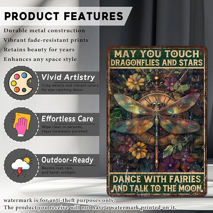 Vintage Dragonfly Tin Sign May You Touch Dragonflies And Stars Dance With Fairies And Talk To The Moon Retro Metal Poster Funny Wall Art Cafe Toilet Farm Room Garden Plaque Outdoor 12 * 8inch-StrideForce Fitness