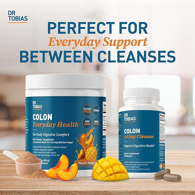 Dr. Tobias Colon Everyday Health - Gut Health for Women & Men - Psyllium Fiber Powder Drink with 4g Psyllium Husk Powder per Serving, Vegan, Gluten Free, Non-GMO, Peach Mango, 60 Servings-StrideForce Fitness