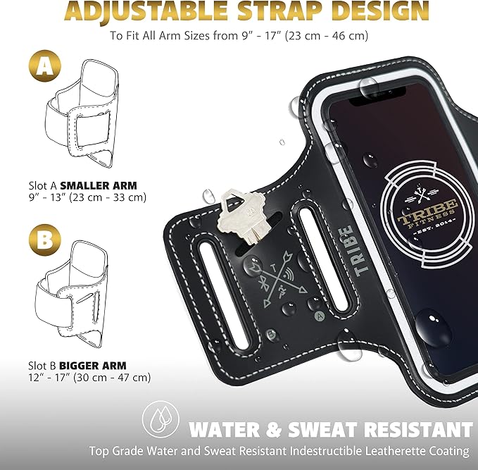 TRIBE Water Resistant Cell Phone Armband Case Running Holder for iPhone Pro Max Plus Mini SE (13/12/11/X/XS/XR/8/7/6/5) Galaxy S Ultra Plus Edge Note (21/20/10/9/8/7/6/5) Adjustable Strap & Key Pocket-StrideForce Fitness