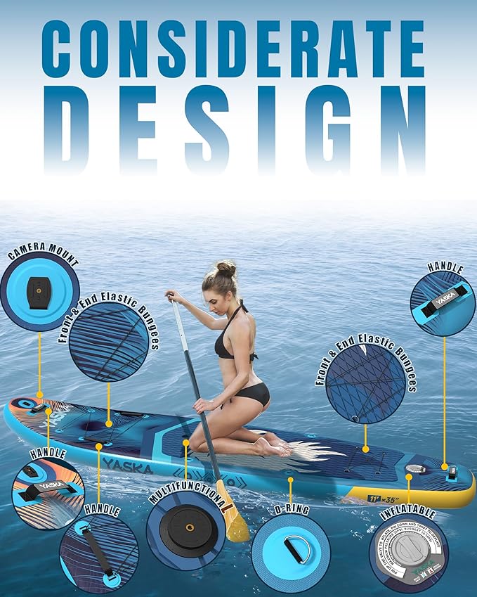 YASKA Inflatable Stand Up Paddle Board - 11ft Extra Wide Paddleboard with Premium SUP Board Accessories,Camera Mount,Non-Slip EVA Deck,5 Handles,Youth/Adult-StrideForce Fitness