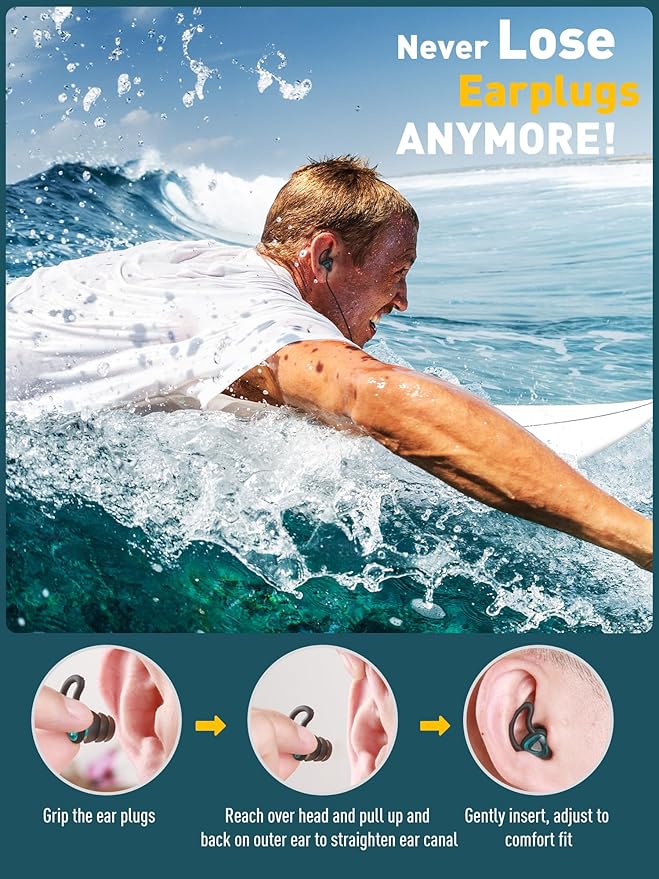 Ear Plugs for Swimming Surfing with String, Block Out Water Let Sound in, Reusable Comfy Custom-fit Swimmer Earplugs for Snorkeling, Shower, Pool, Swim, Bath, Kayaking, Other Water Activities-StrideForce Fitness