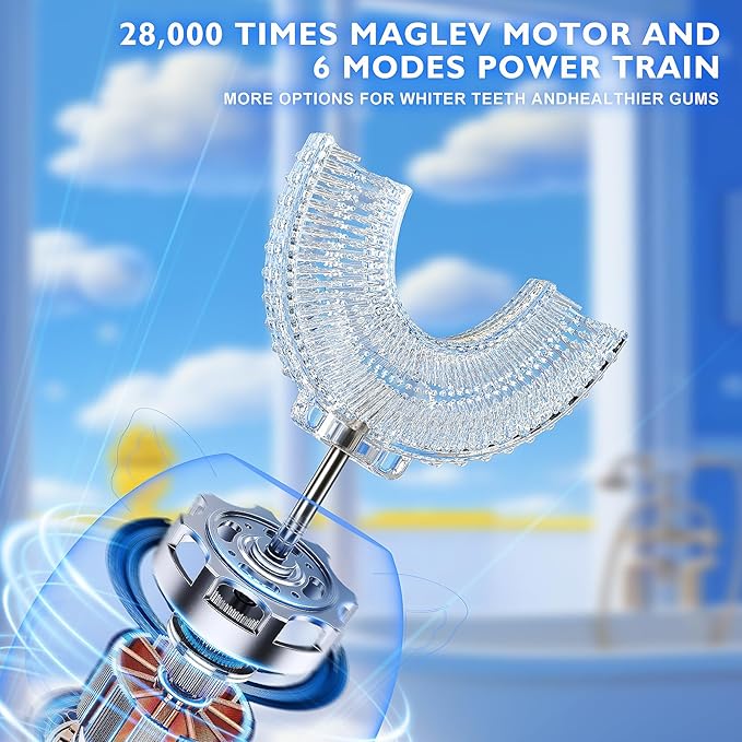 Kids Electric U Shaped Toothbrush Children Rechargeable Sonic Toothbrush with 6 Soft Brush Head Automatic Full Mouth 6 Cleaning Modes - (Age 2-7 Yellow)