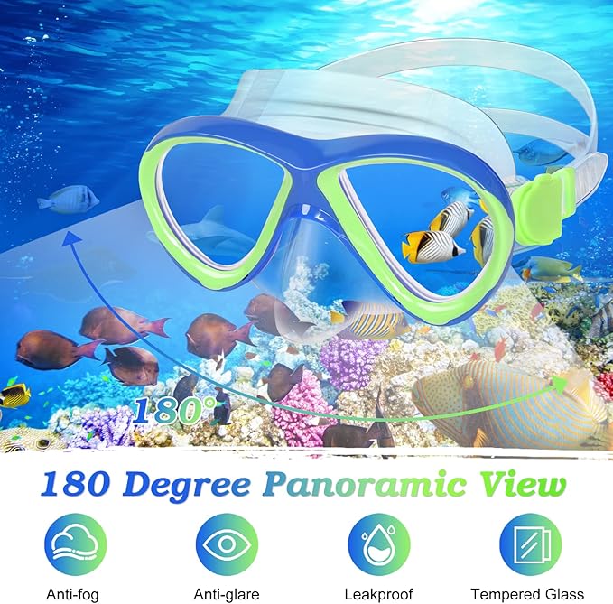 Kids Mask Fins Snorkel Set, Dry Top Snorkeling Gear for Kids Youth Boys Girls Junior Age 5-15 Tempered Glass Snorkel Mask Set Panoramic View Snorkeling Packages-StrideForce Fitness