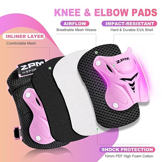 2PM SPORTS Knee Pads for Kids, Wrist Guards Knee and Elbow Pads Set with Drawstring Bag, Protective Gear Set for Girls Boys Roller Skating Cycling Skateboard - Pink Small-StrideForce Fitness