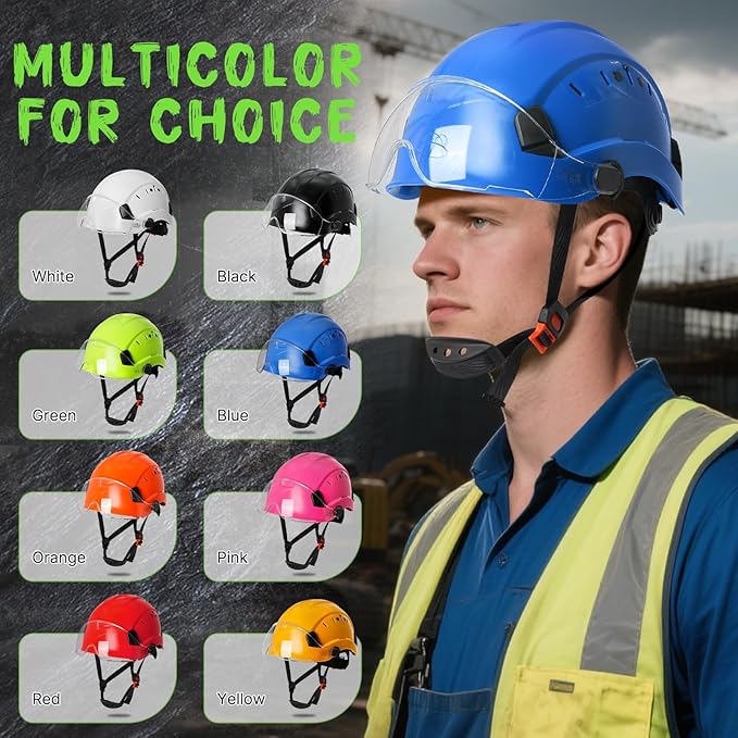 AOLAMEGS Construction Blue Hard Hats - Adjustable Vented Hard Hat with Visor for Men Women ABS Safety Helmet 6-Point Suspension Work Safety Helmet for Outdoor Height Industrial (with Clear Visor)-StrideForce Fitness