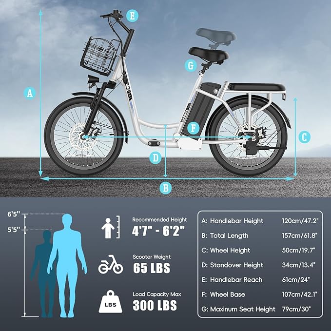 Caroma Electric Scooter with Seat, 48V Removable Battery E-Bike, Up to 30Miles&20MPH, 500/800/1200W Motor, 20" Fat Tire Adult Electric Bicycles for Commuting with Basket-StrideForce Fitness
